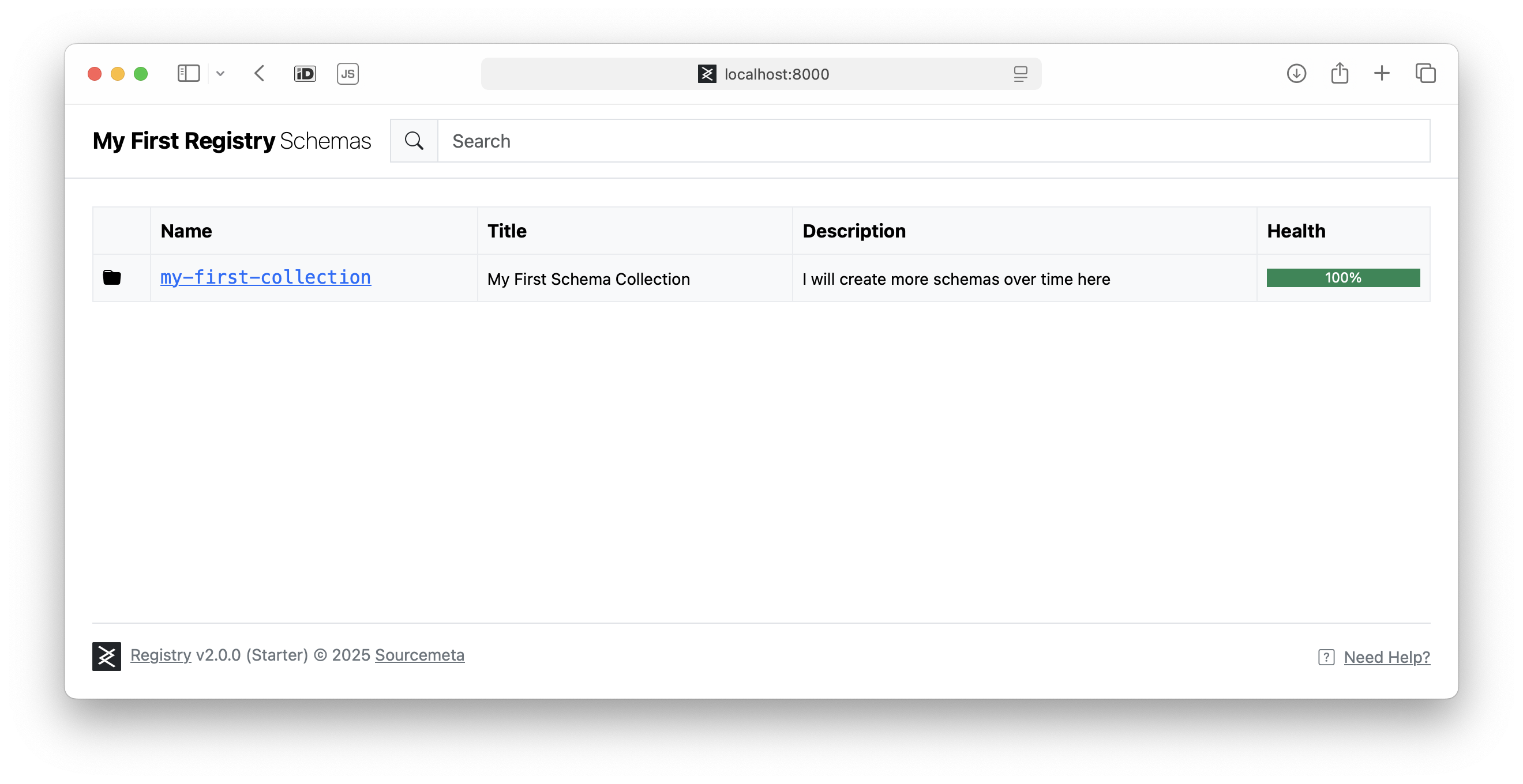 The landing page of the Hello World example registry